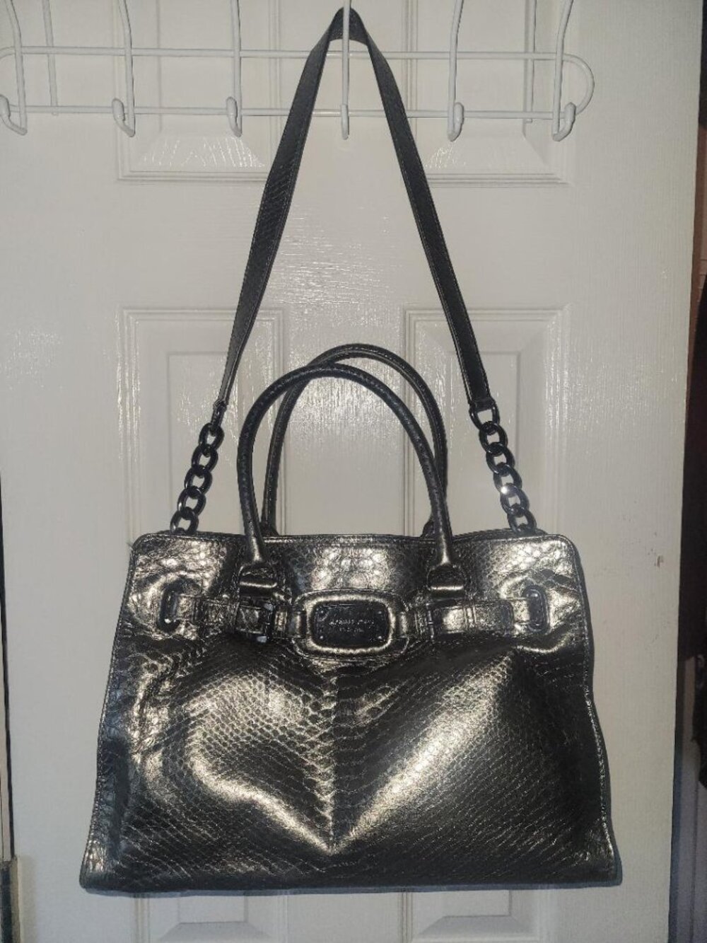 RARE Michael Kors Metallic Silver Python Hamilton Large Tote Bag